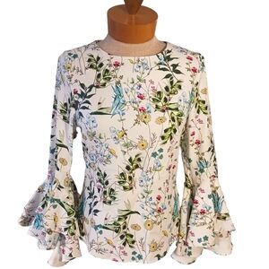 Size Small Gracia Womens Long Sleve Ruffled Bell Sleeve Top Floral White Spring